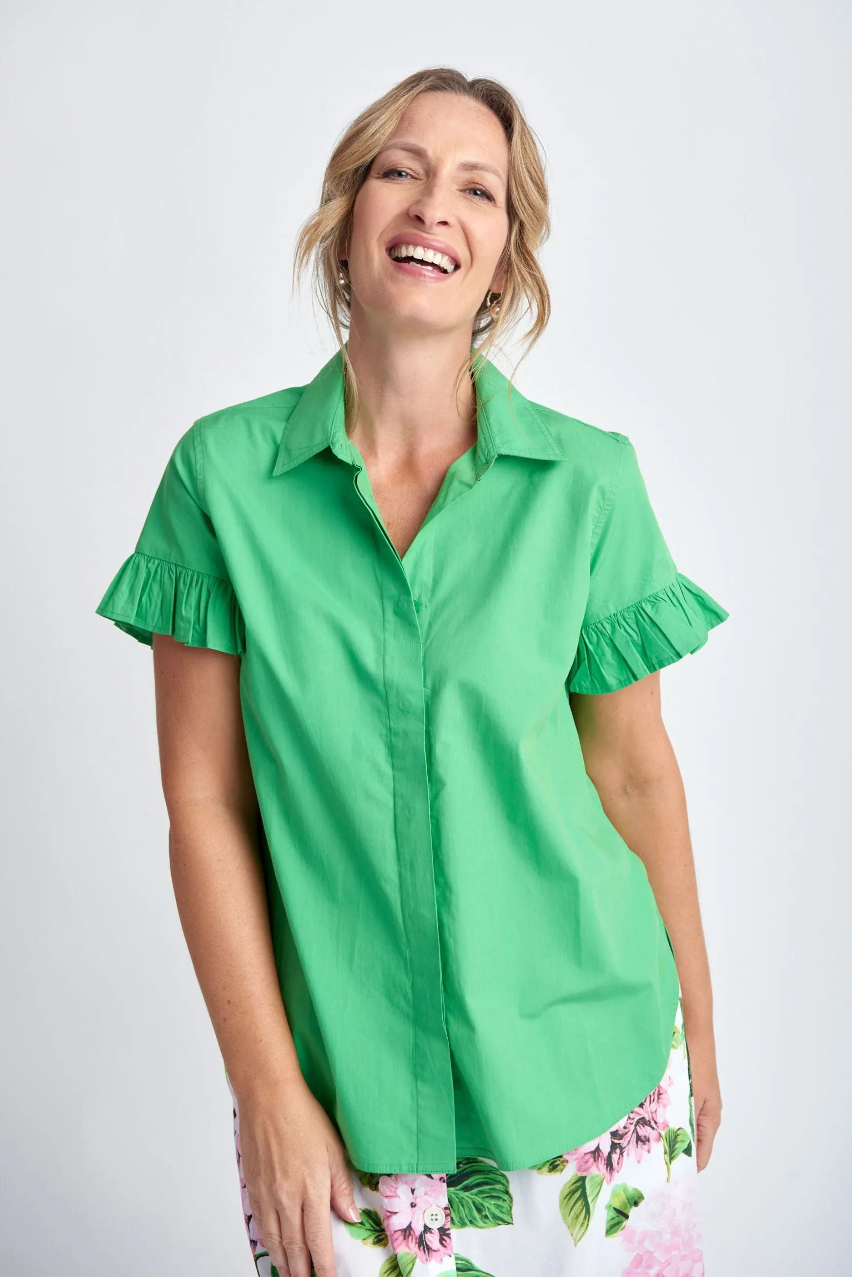 Cotton Ruffle Sleeve Shirt Green