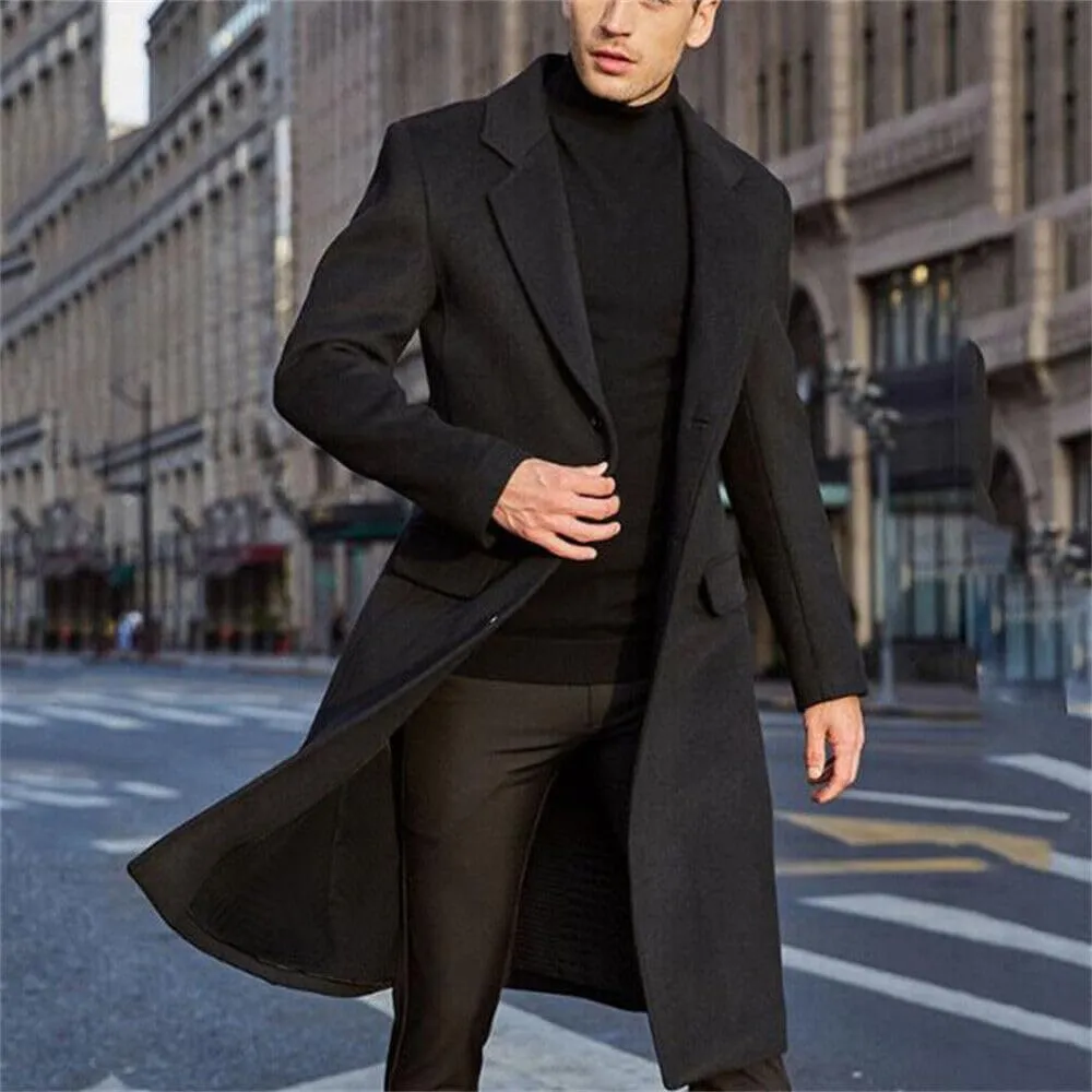 crazynekos Mens Trench Coat Wool Blend Top Pea Coat Winter Long Classic Stylish Business Overcoat Windbreaker Coat