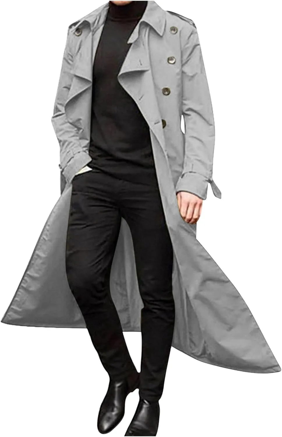 Ctreela Mens Long Trench Coat Business Casual Double Breasted Overcoat Fall Winter Solid Color Windbreaker Lapel Outwear