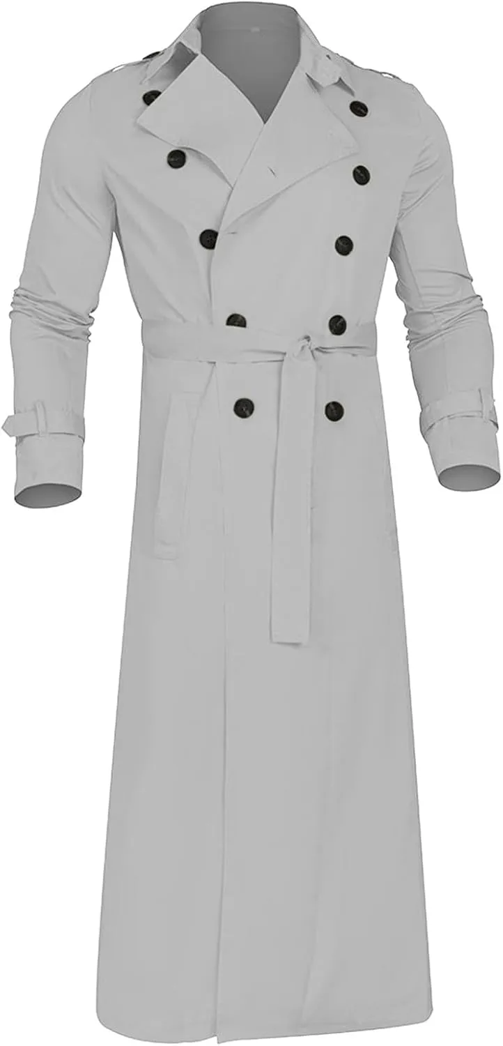 Ctreela Mens Long Trench Coat Business Casual Double Breasted Overcoat Fall Winter Solid Color Windbreaker Lapel Outwear