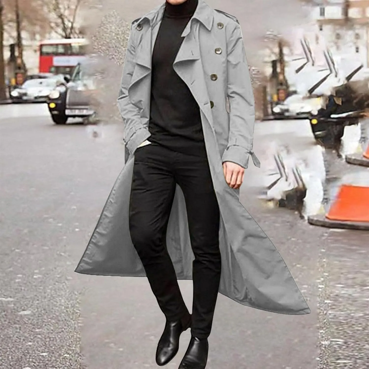 Ctreela Mens Long Trench Coat Business Casual Double Breasted Overcoat Fall Winter Solid Color Windbreaker Lapel Outwear