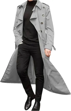 Ctreela Mens Long Trench Coat Business Casual Double Breasted Overcoat Fall Winter Solid Color Windbreaker Lapel Outwear