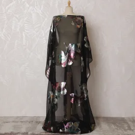 Elegant Black and Iridescent Floral Pattern Pure French Silk (Fransawi Dirac) Chiffon Fabric – 140 cm Wide X 3.5 Mtrs-D19821