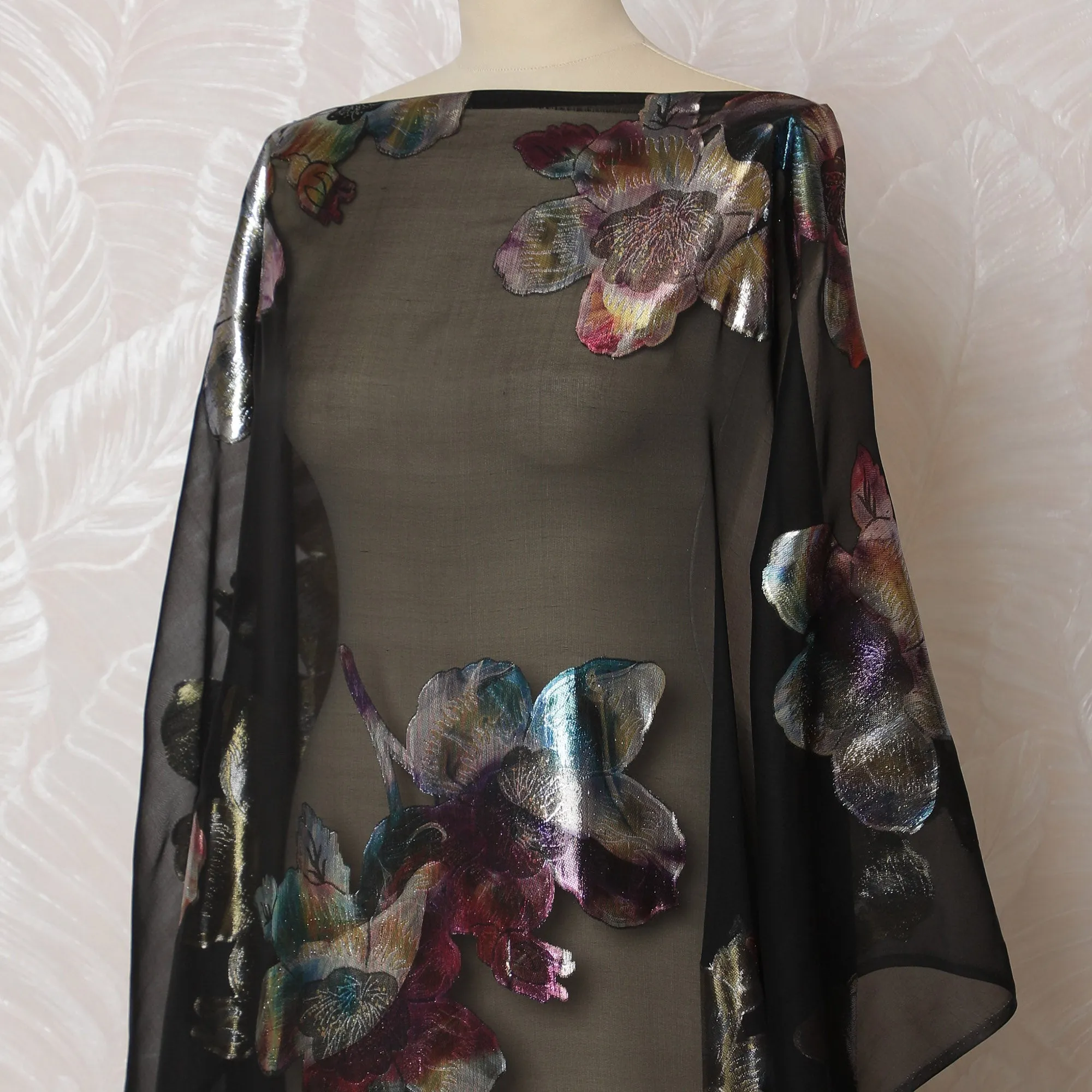 Elegant Black and Iridescent Floral Pattern Pure French Silk (Fransawi Dirac) Chiffon Fabric – 140 cm Wide X 3.5 Mtrs-D19821