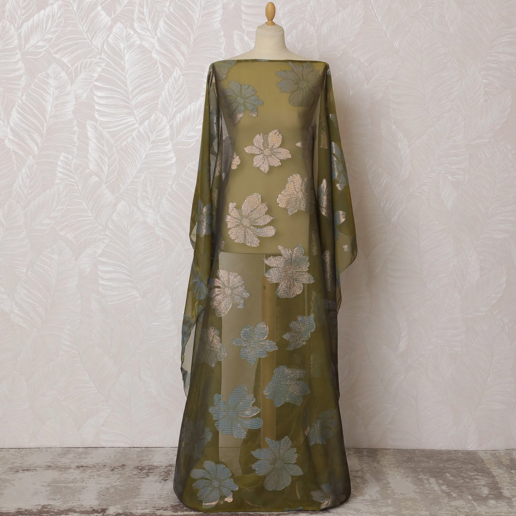 Elegant Olive Green and Silver Floral Pattern Pure French Silk (Fransawi Dirac) Chiffon Fabric – 140 cm Wide X 3.5 Mtrs-D19824
