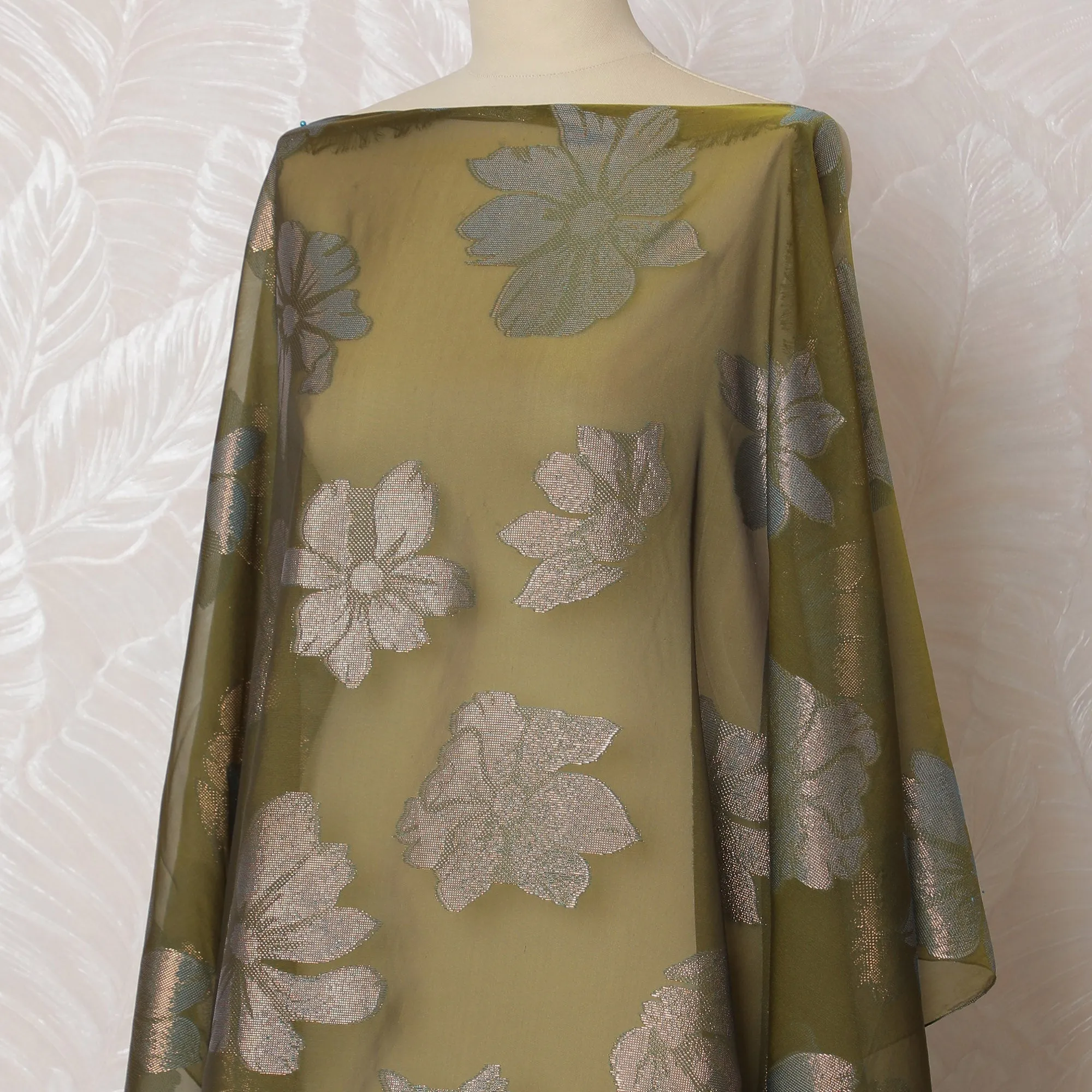 Elegant Olive Green and Silver Floral Pattern Pure French Silk (Fransawi Dirac) Chiffon Fabric – 140 cm Wide X 3.5 Mtrs-D19824