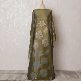 Elegant Olive Green and Silver Floral Pattern Pure French Silk (Fransawi Dirac) Chiffon Fabric – 140 cm Wide X 3.5 Mtrs-D19824