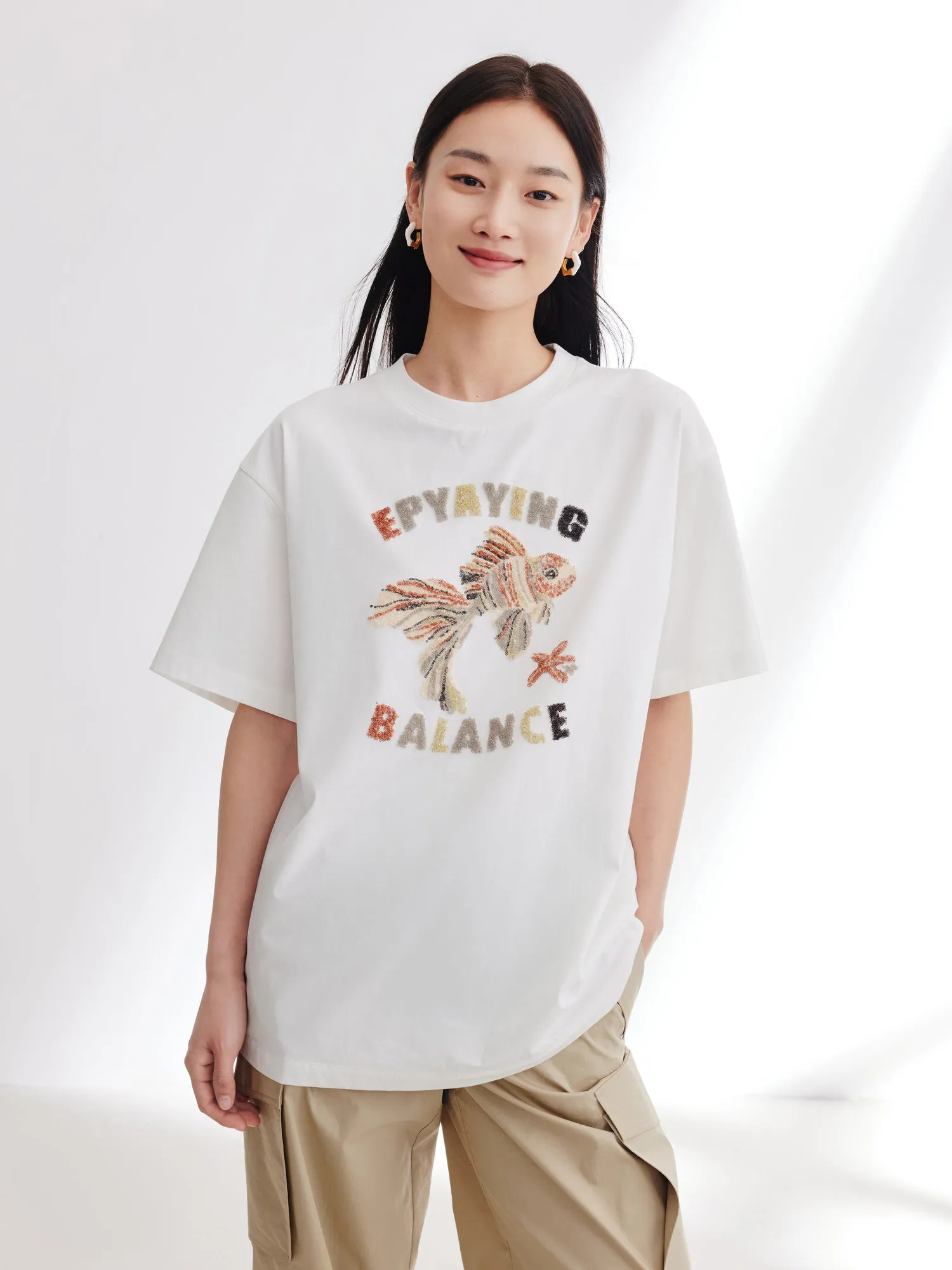 EP YAYING White Loose Short-sleeve T-shirt