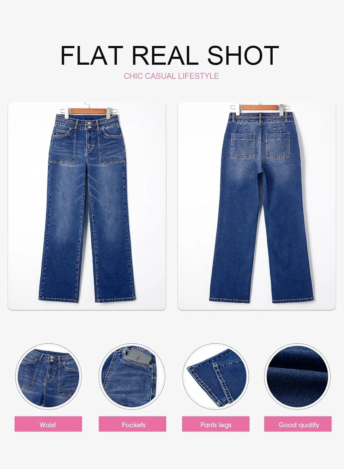 EVALESS Women's Wide Leg Jeans High Waisted Straight Leg Jeans Trendy Stretchy Loose Zimbaplatinum Denim Pants with Pockets