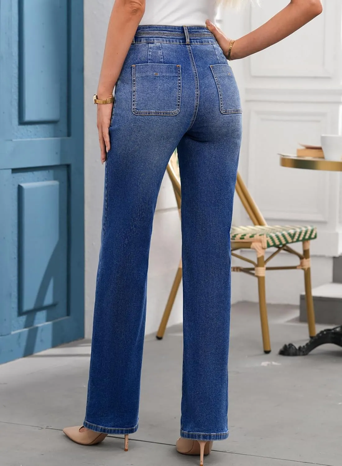 EVALESS Women's Wide Leg Jeans High Waisted Straight Leg Jeans Trendy Stretchy Loose Zimbaplatinum Denim Pants with Pockets