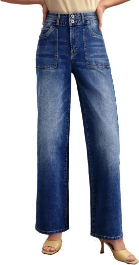 EVALESS Women's Wide Leg Jeans High Waisted Straight Leg Jeans Trendy Stretchy Loose Zimbaplatinum Denim Pants with Pockets