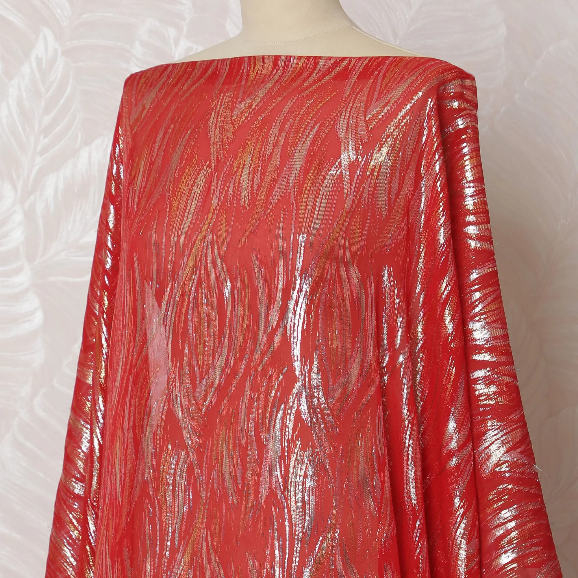 Fiery Red Somali Dirac Fabric in Pure Silk Chiffon with Metallic Lurex, 3.5 Meters, 140 cm Width-D19929