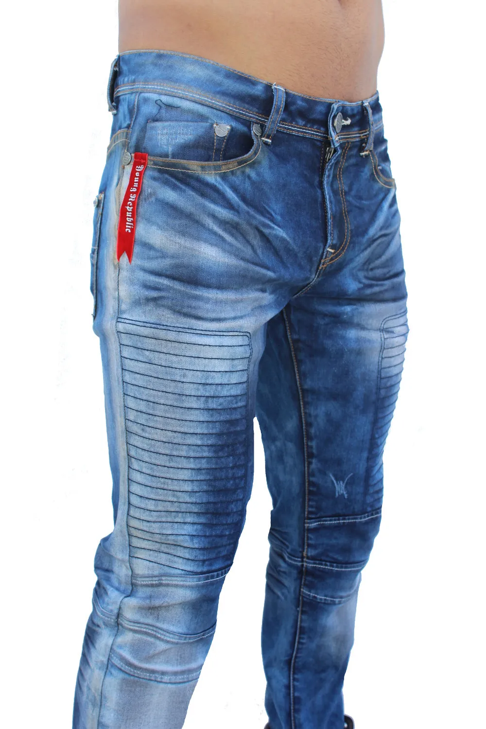 Finn Light Blue Washed Moto Front Details Jeans