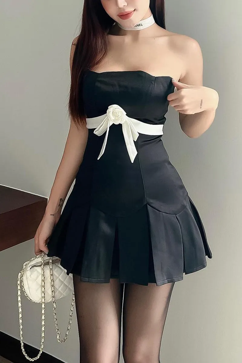 Flytonn- Rose Ribbon Strapless Pleated Mini Dress