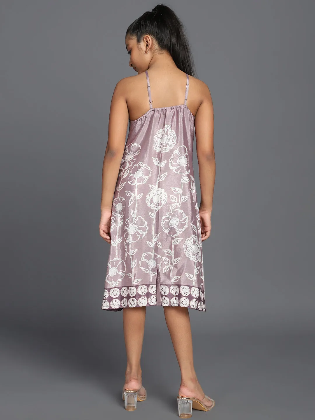 Girl's Levender Floral Printed Shift Dress - Aks Girls