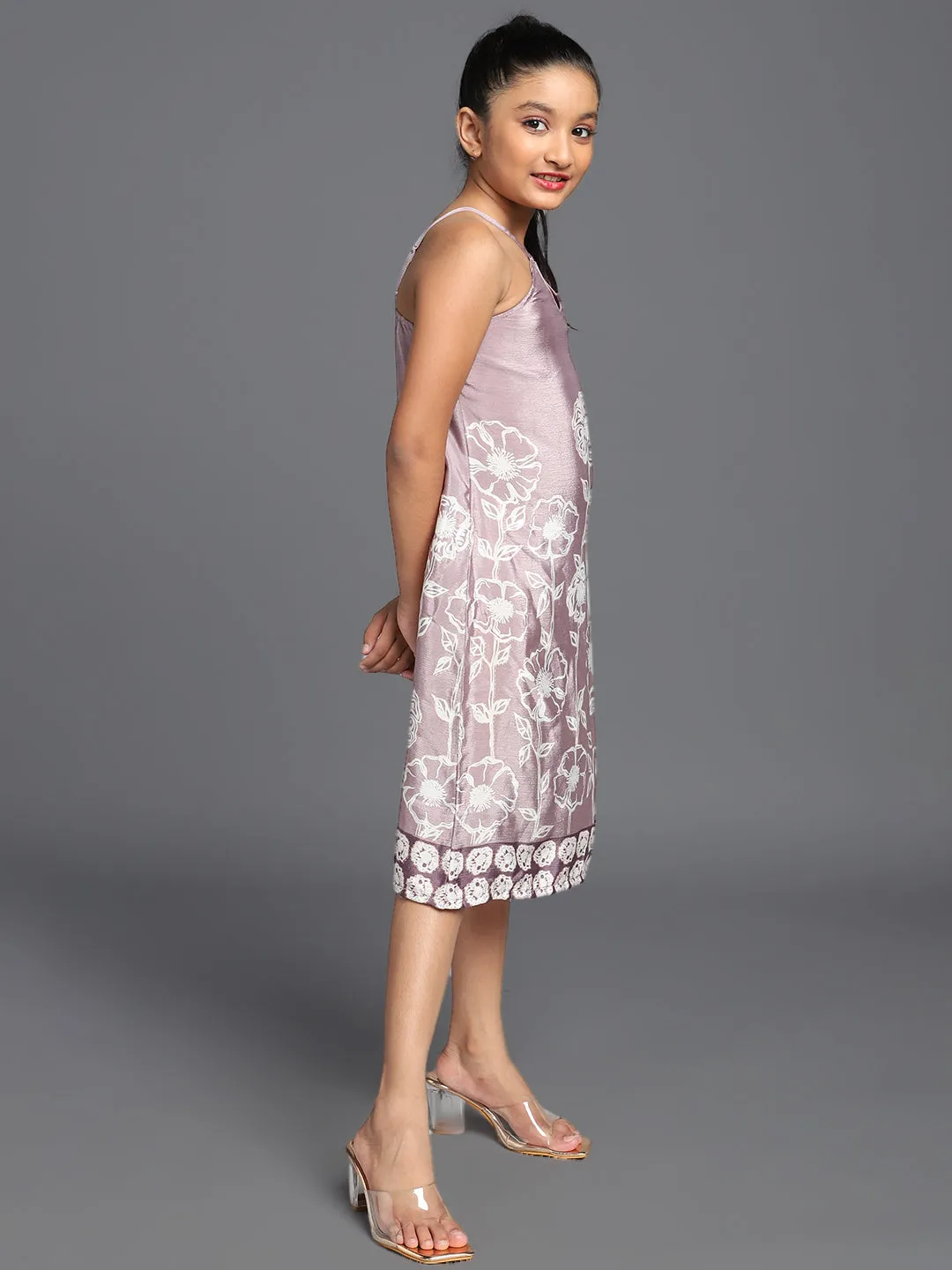 Girl's Levender Floral Printed Shift Dress - Aks Girls