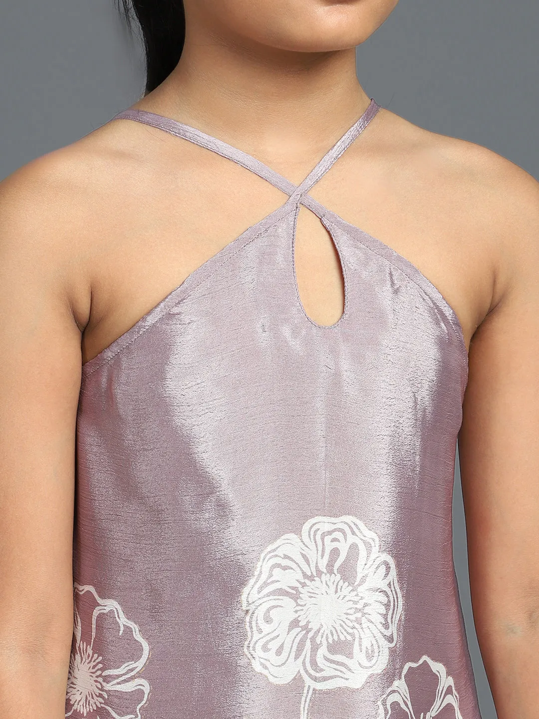 Girl's Levender Floral Printed Shift Dress - Aks Girls