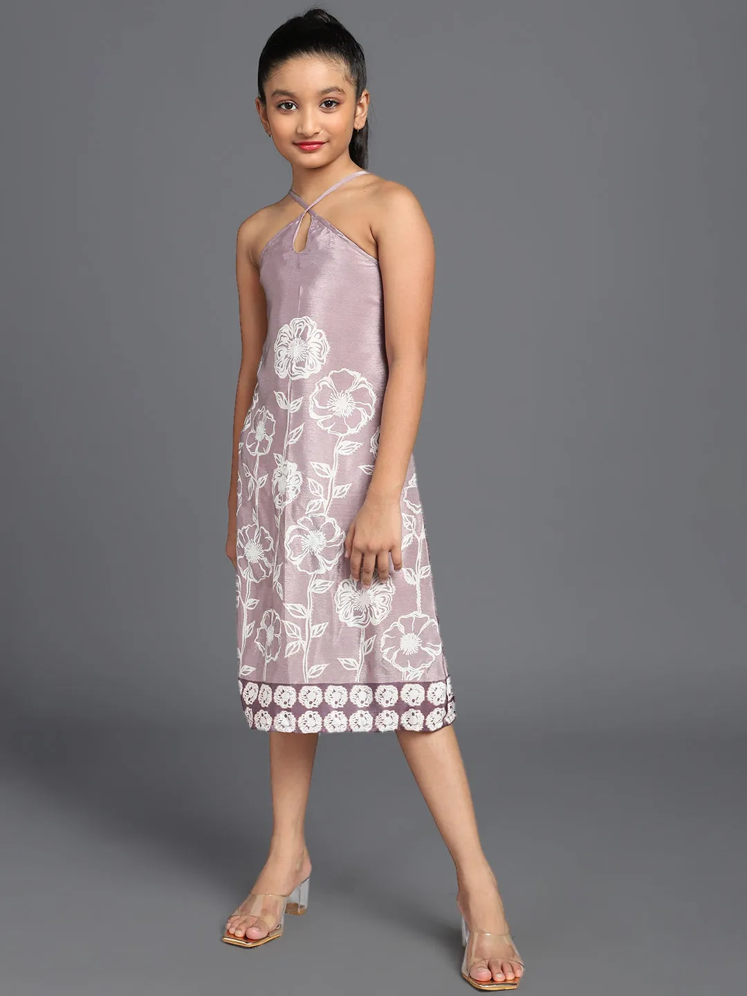 Girl's Levender Floral Printed Shift Dress - Aks Girls