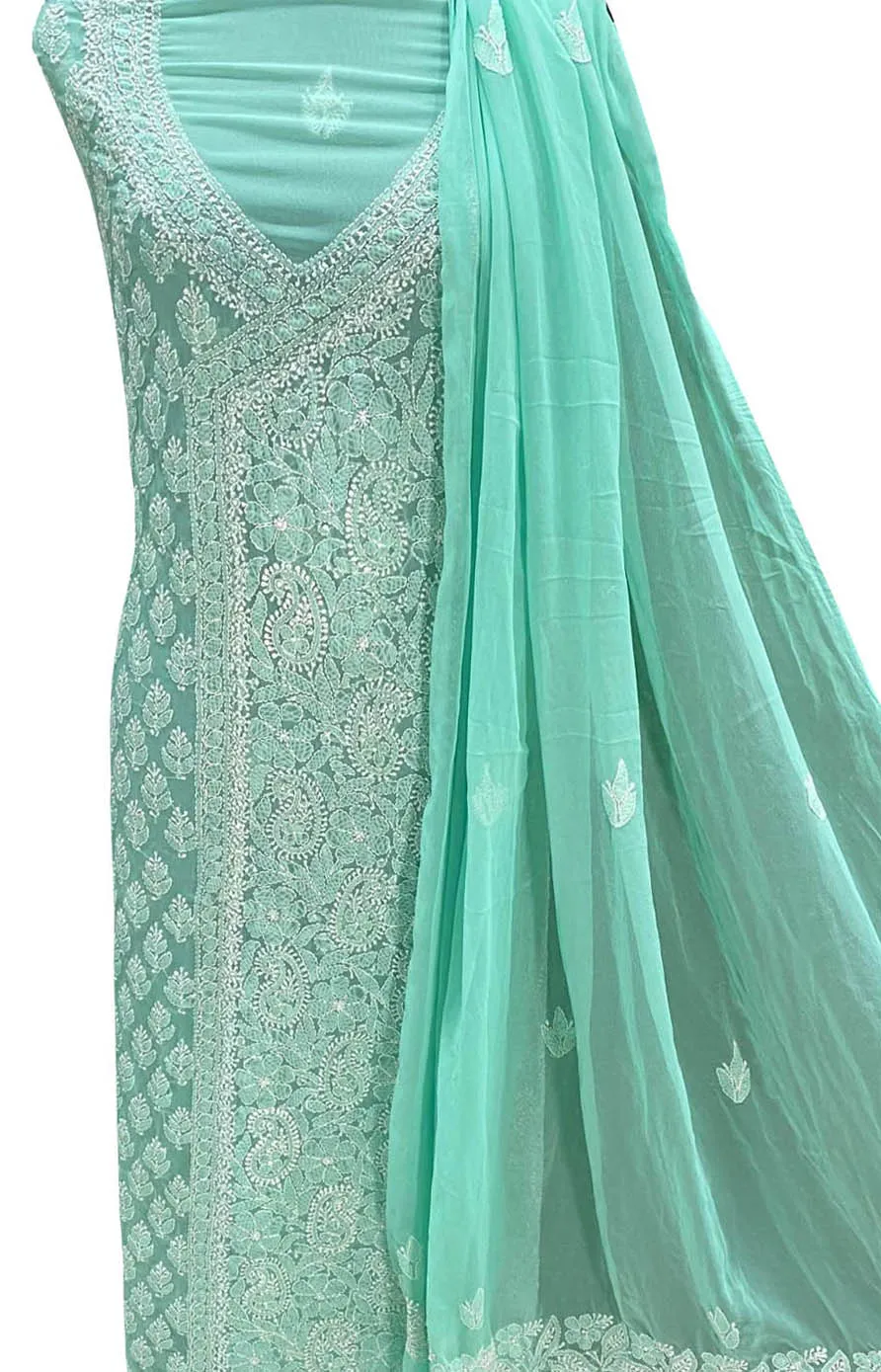 Green Hand Chikankari Chiffon Georgette Suit Set - Unstitched Three Piece