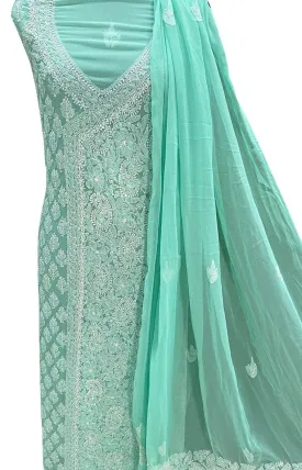Green Hand Chikankari Chiffon Georgette Suit Set - Unstitched Three Piece