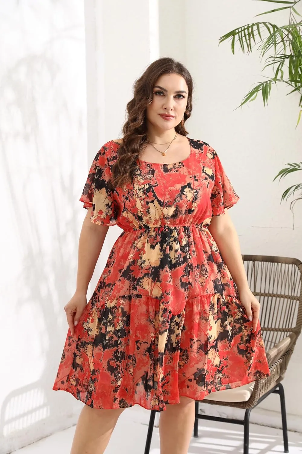 HBEYYTO Women's Plus Size Floral Print Boho Beach Dress Casual Ruffle Sleeve Elastic Waist Swing Chiffon Sundress