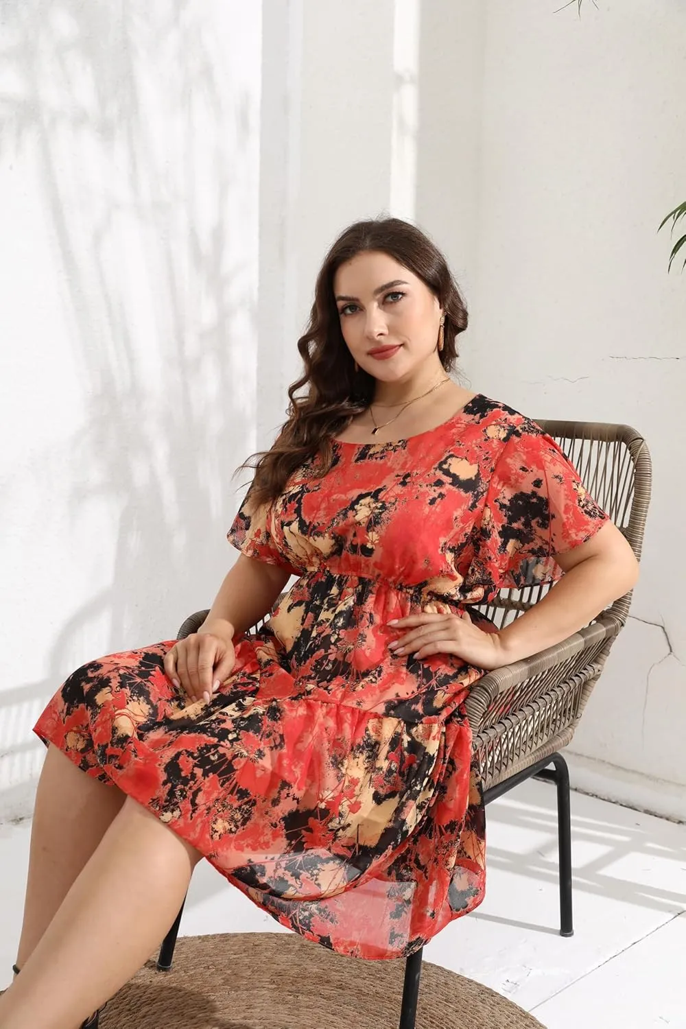 HBEYYTO Women's Plus Size Floral Print Boho Beach Dress Casual Ruffle Sleeve Elastic Waist Swing Chiffon Sundress