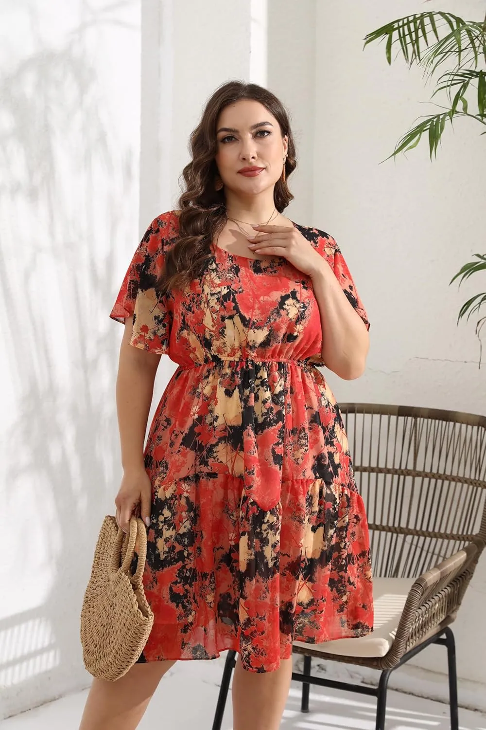 HBEYYTO Women's Plus Size Floral Print Boho Beach Dress Casual Ruffle Sleeve Elastic Waist Swing Chiffon Sundress