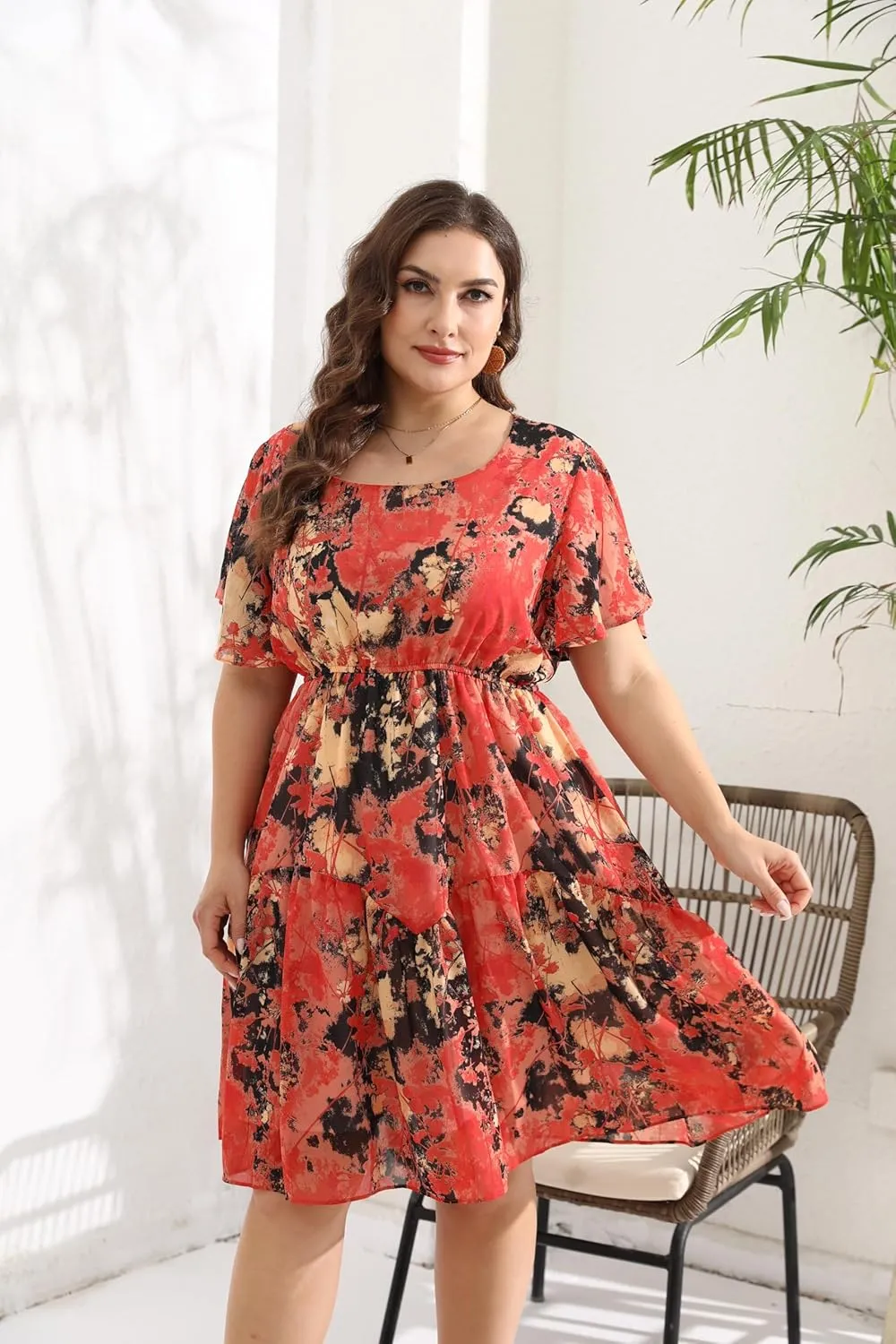 HBEYYTO Women's Plus Size Floral Print Boho Beach Dress Casual Ruffle Sleeve Elastic Waist Swing Chiffon Sundress