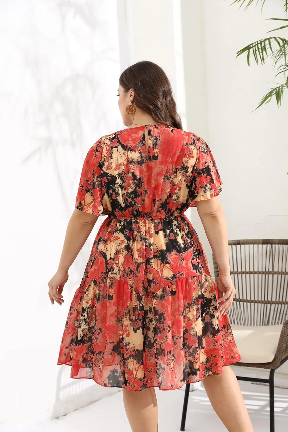 HBEYYTO Women's Plus Size Floral Print Boho Beach Dress Casual Ruffle Sleeve Elastic Waist Swing Chiffon Sundress