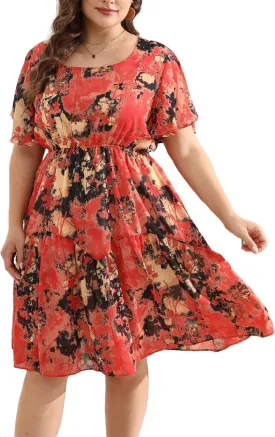 HBEYYTO Women's Plus Size Floral Print Boho Beach Dress Casual Ruffle Sleeve Elastic Waist Swing Chiffon Sundress