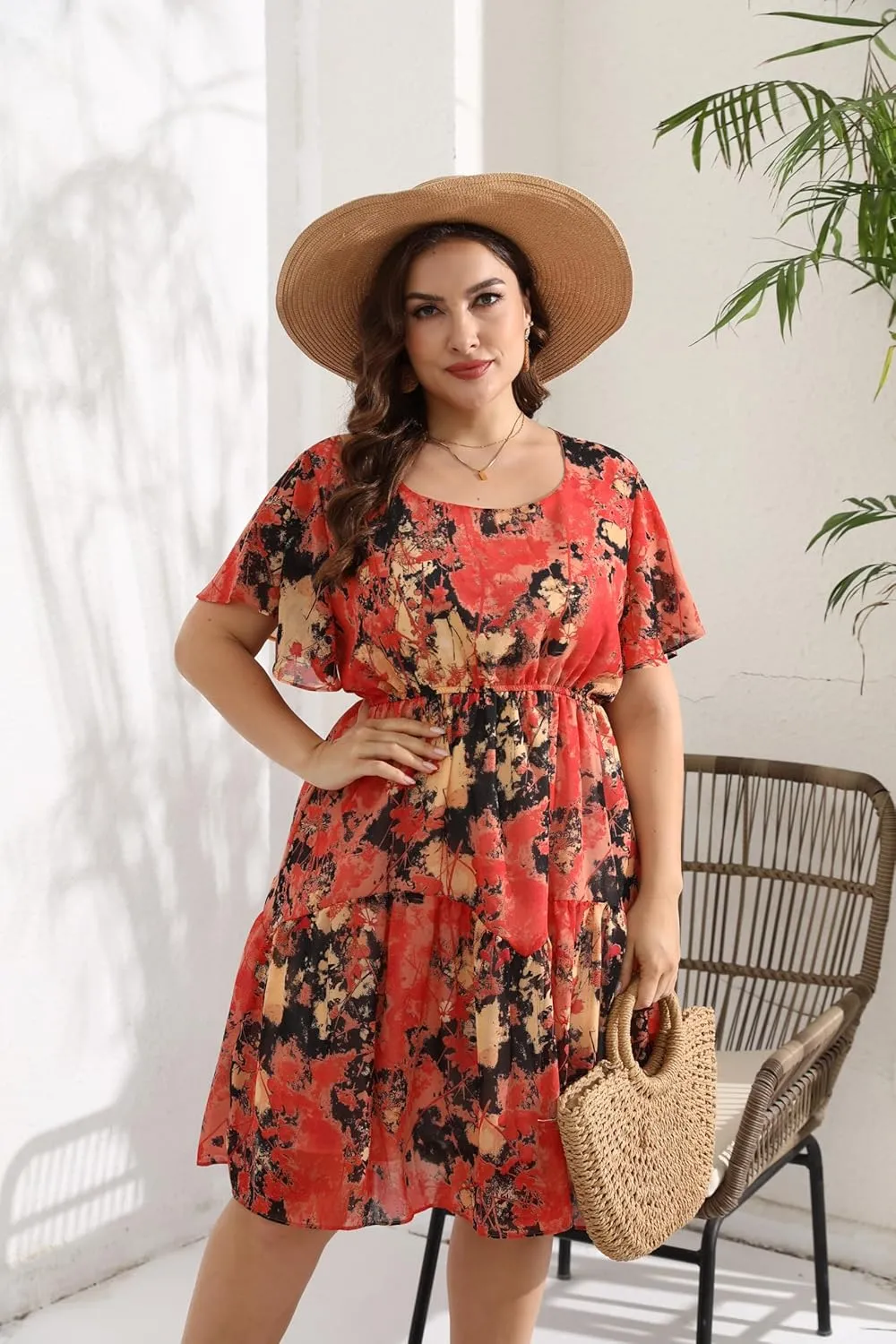 HBEYYTO Women's Plus Size Floral Print Boho Beach Dress Casual Ruffle Sleeve Elastic Waist Swing Chiffon Sundress