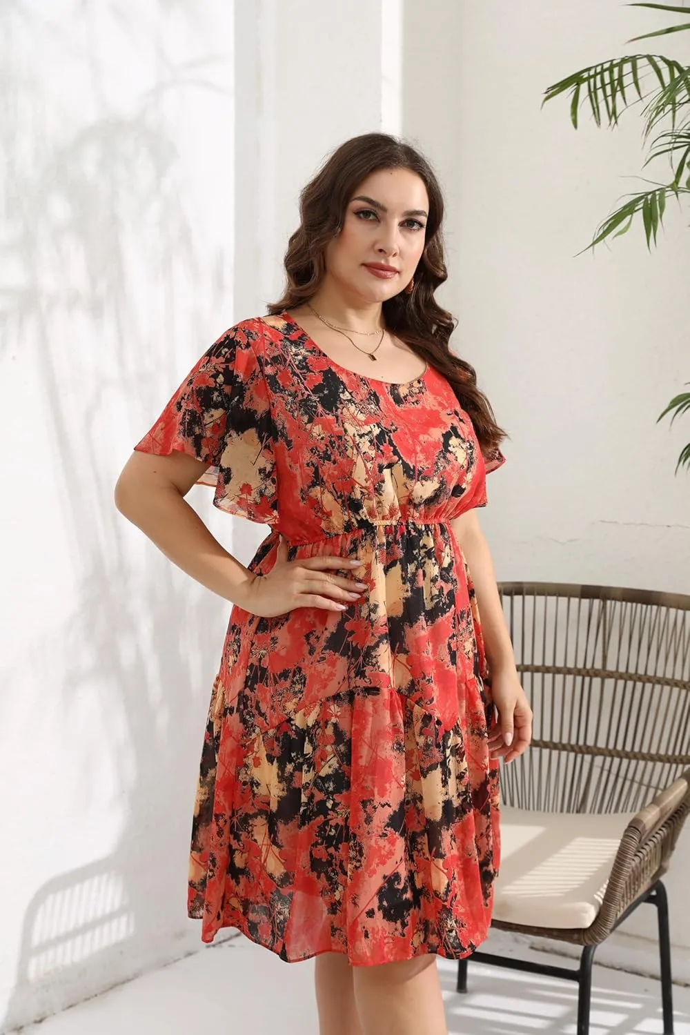 HBEYYTO Women's Plus Size Floral Print Boho Beach Dress Casual Ruffle Sleeve Elastic Waist Swing Chiffon Sundress