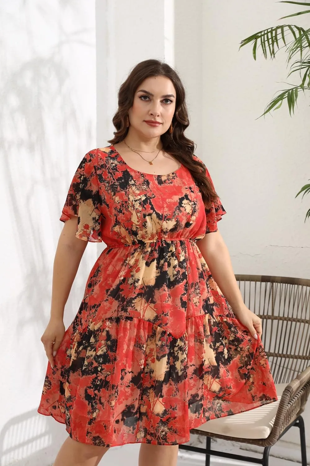 HBEYYTO Women's Plus Size Floral Print Boho Beach Dress Casual Ruffle Sleeve Elastic Waist Swing Chiffon Sundress