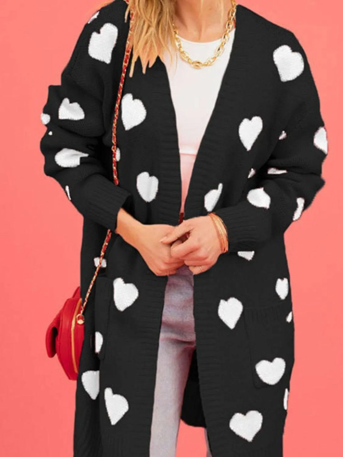 Heart Cardigan Open Front Long Sleeve Casual Knitwear