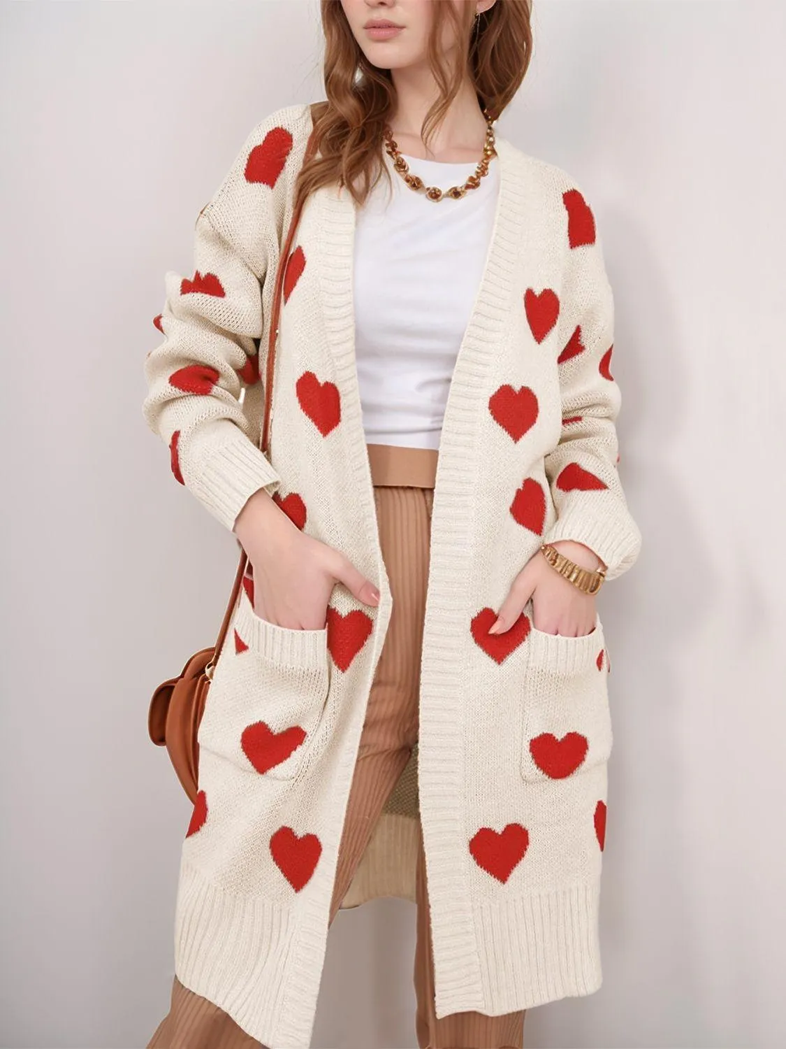 Heart Cardigan Open Front Long Sleeve Casual Knitwear