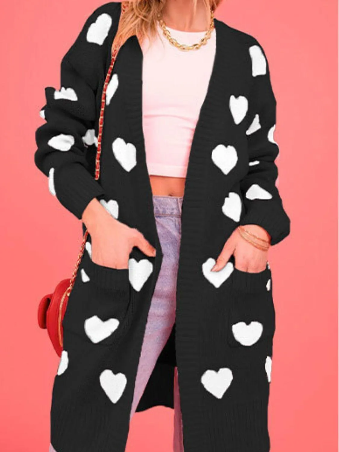 Heart Cardigan Open Front Long Sleeve Casual Knitwear