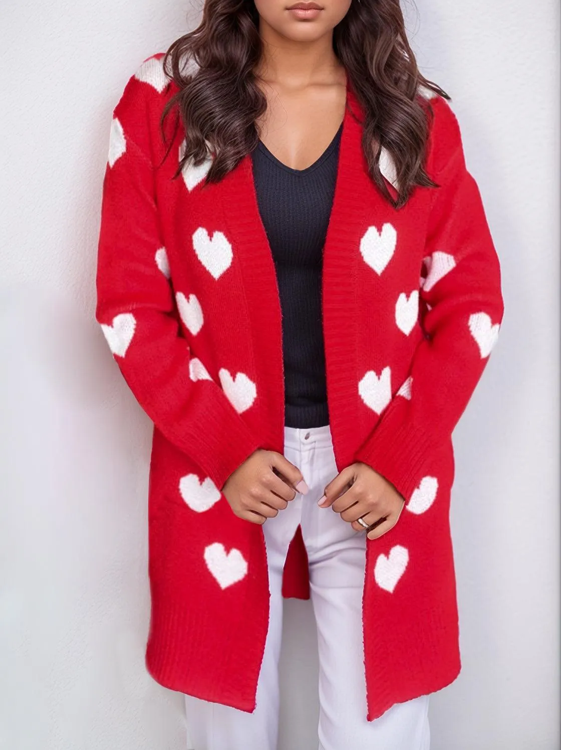 Heart Cardigan Open Front Long Sleeve Casual Knitwear