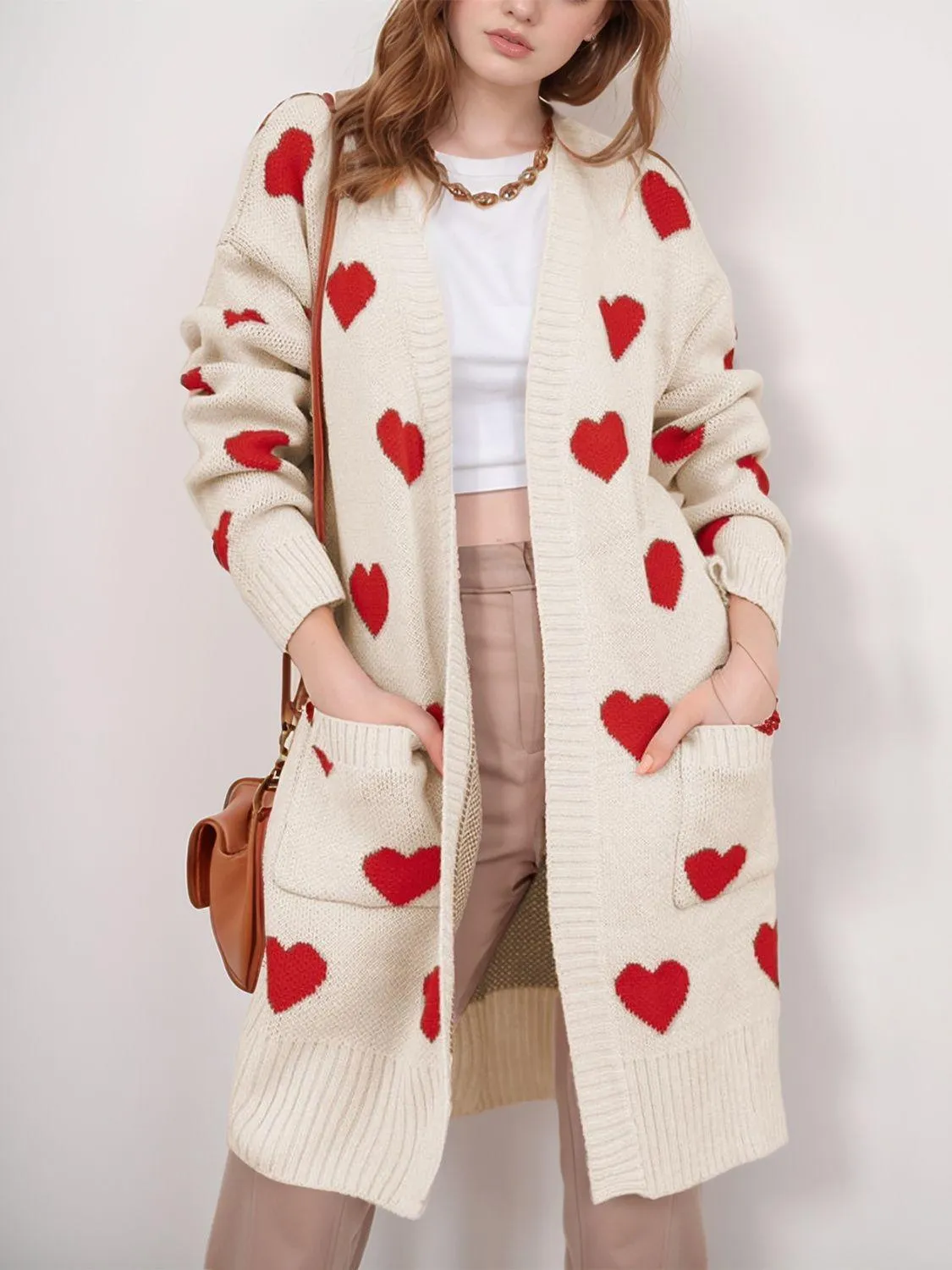 Heart Cardigan Open Front Long Sleeve Casual Knitwear