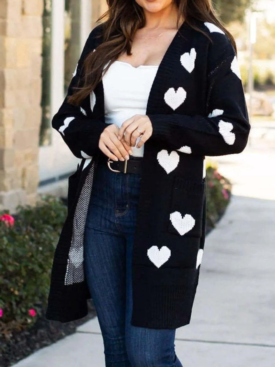Heart Cardigan Open Front Long Sleeve Casual Knitwear