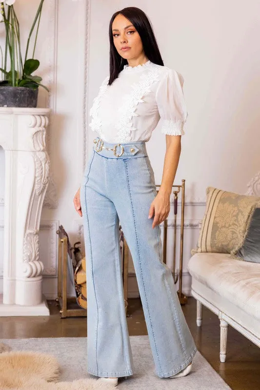 High Waist Denim Washed Stretch Pants