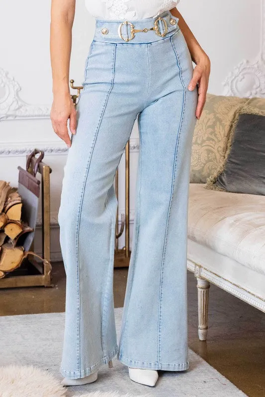 High Waist Denim Washed Stretch Pants