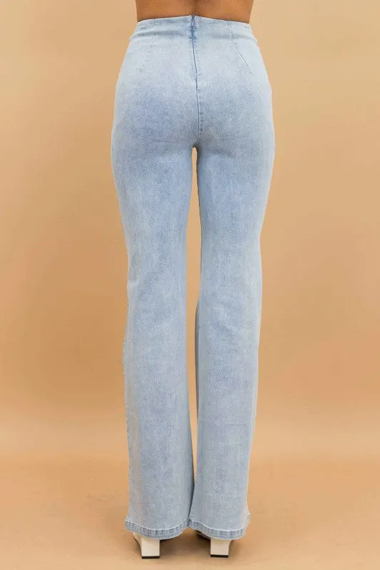 High Waist Washed Denim Pants With Button Detail