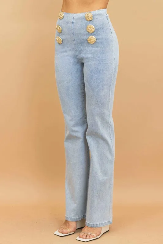 High Waist Washed Denim Pants With Button Detail