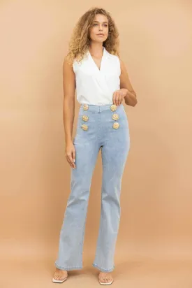 High Waist Washed Denim Pants With Button Detail