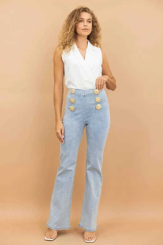 High Waist Washed Denim Pants With Button Detail