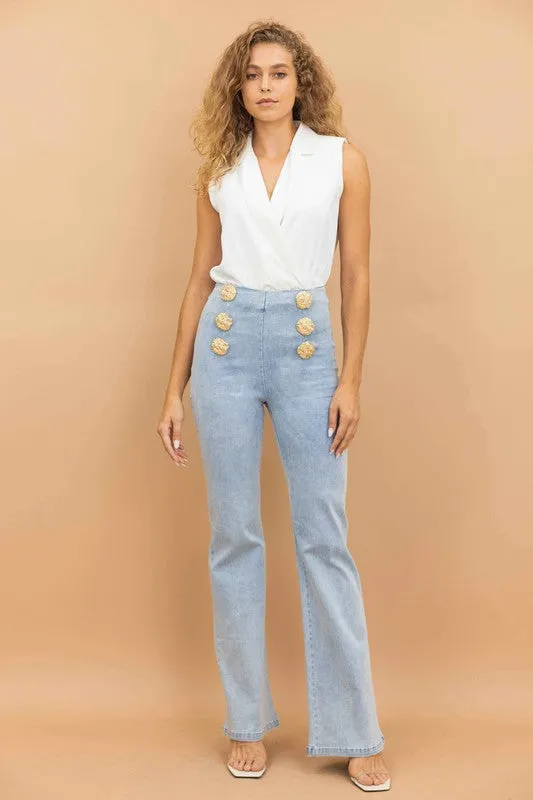 High Waist Washed Denim Pants With Button Detail