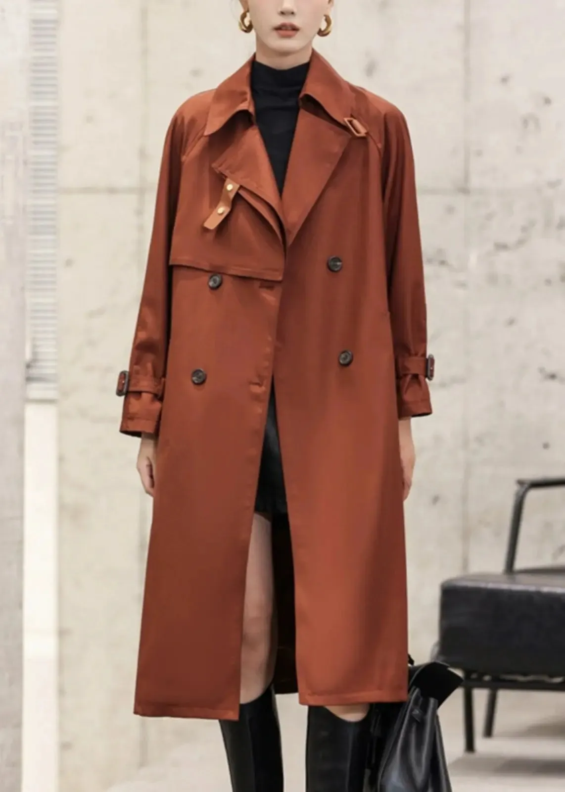 Italian Rust Button Tie Waist Cotton Long Trench Coat Fall ML2784