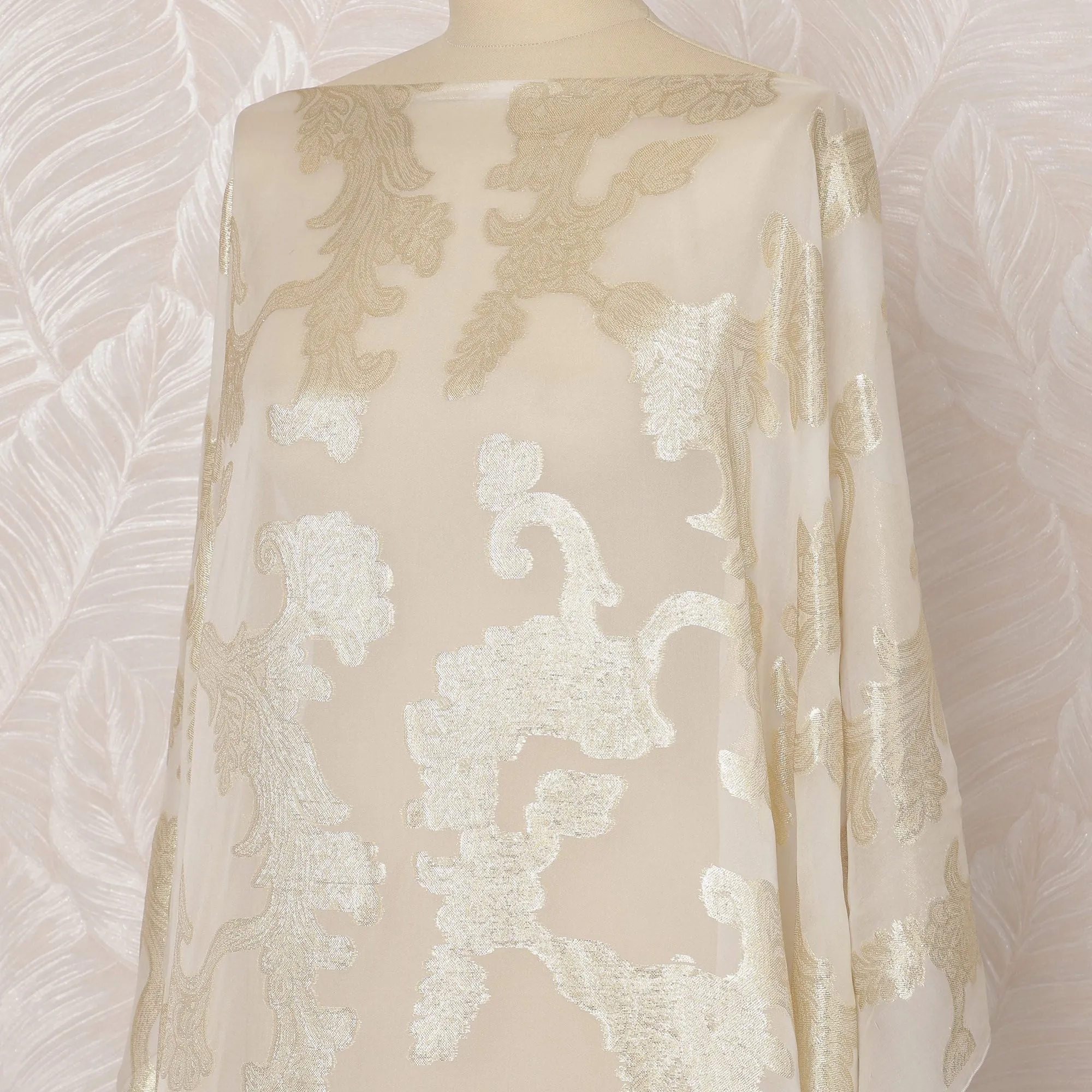 Ivory and Gold Floral French Silk (Fransawi) Chiffon Dirac Fabric with Metallic Lurex, 3.5 Meters, 140 cm Width-D20819