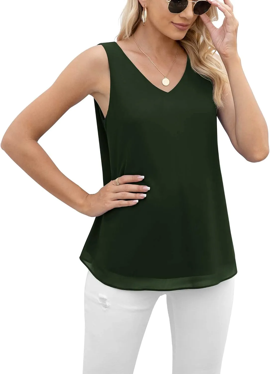 Jouica Women's Summer Sleeveless Chiffon Blouse Business Casual Tank Flowy Tops for Women