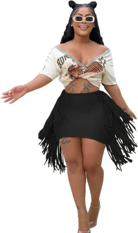 JYAOVO Women's Classic High Waist Bodycon A Line Mini Fringe Pencil Skirt